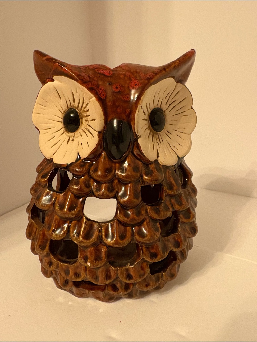 Hand-Glazed Brown Ceramic Owl Figurine with Cream Eyes,  Luminary candle holder